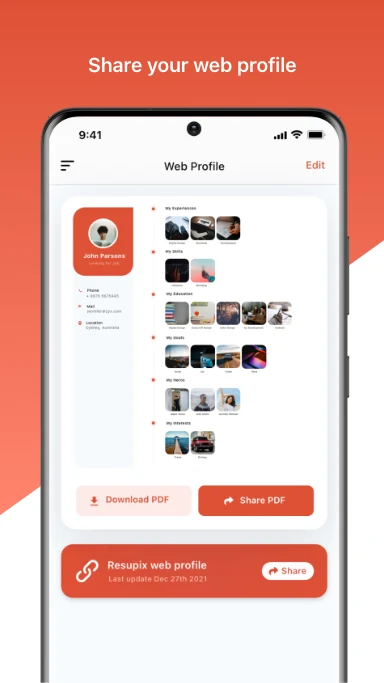Resupix shareable web profile and QR code