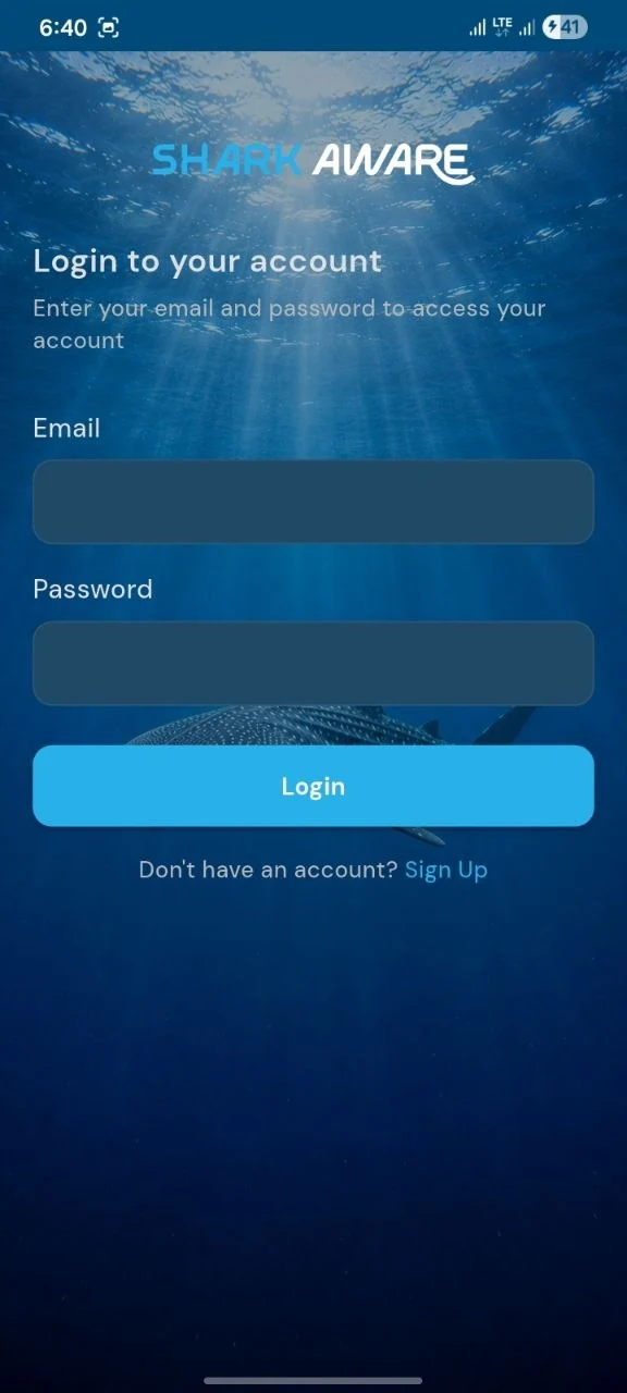 Shark Aware account login screen