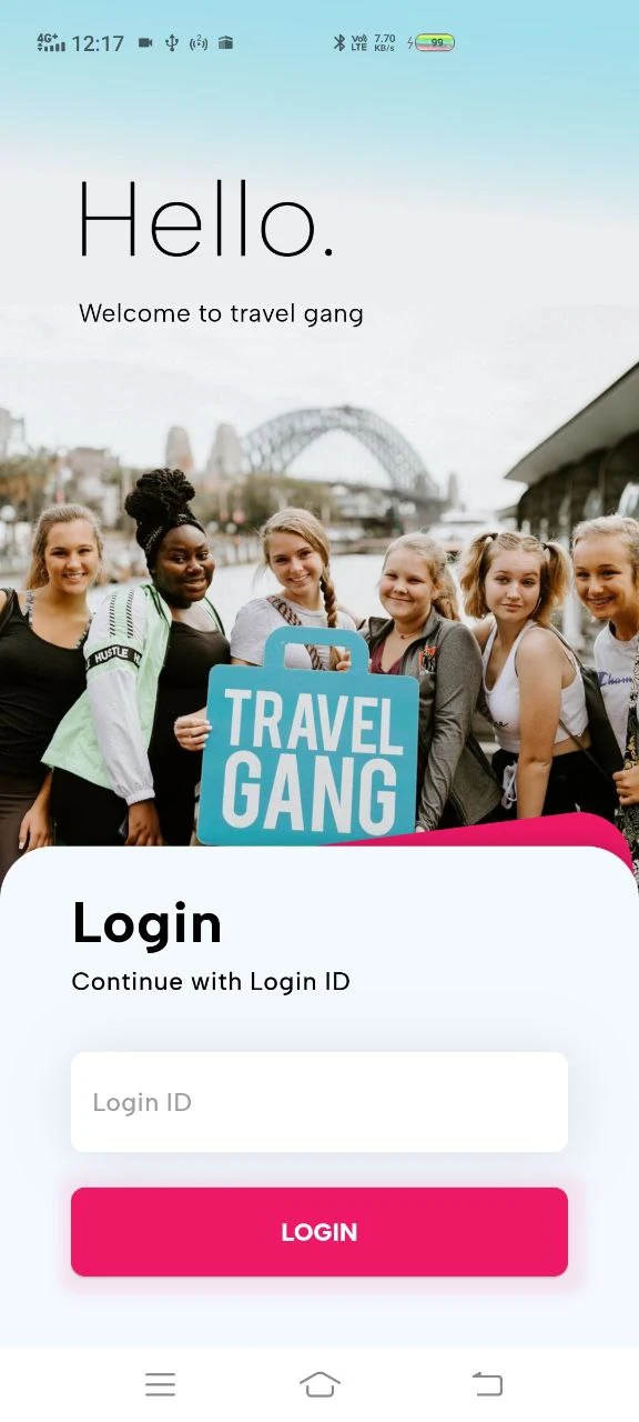 Travel Gang welcome and login screen